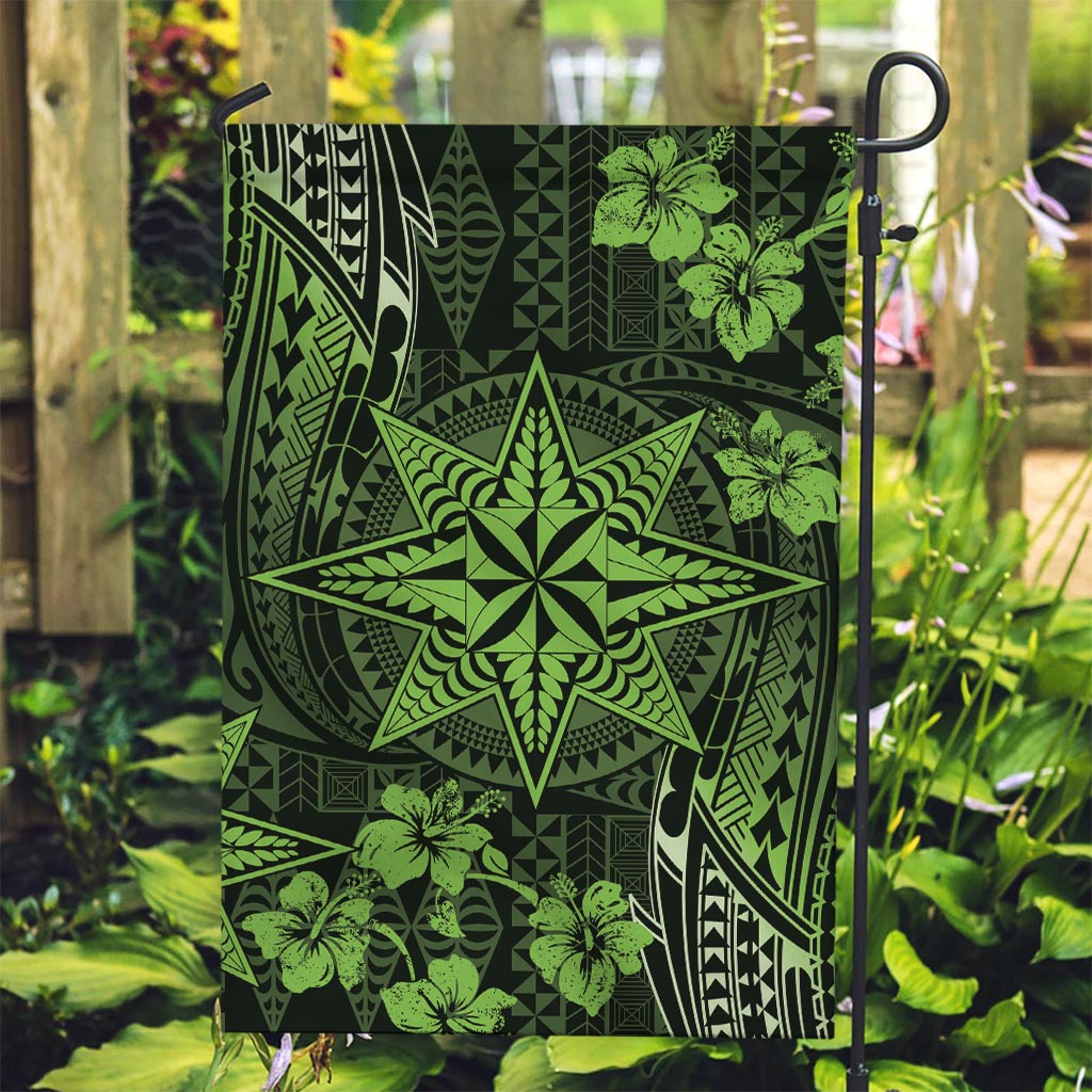 Vintage Tonga Tribal Ngatu Pattern Garden Flag With Pacific Floral Lime Green Art