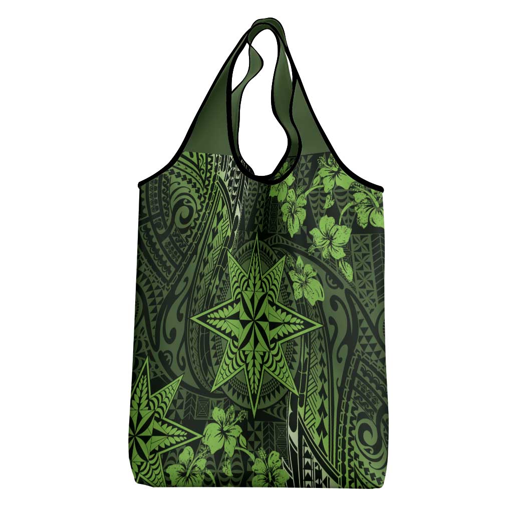 Vintage Tonga Tribal Ngatu Pattern Grocery Bag With Pacific Floral Lime Green Art LT9 - Polynesian Pride