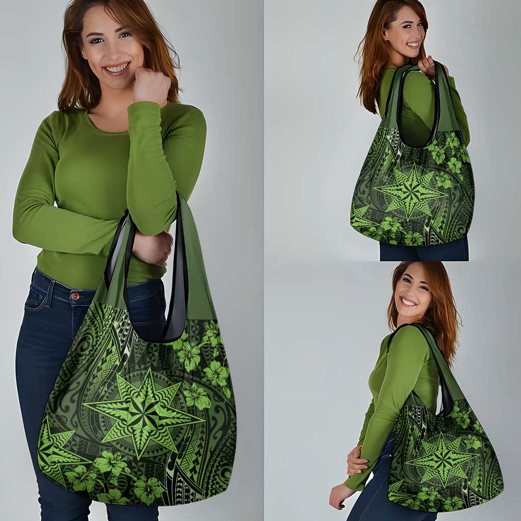 Vintage Tonga Tribal Ngatu Pattern Grocery Bag With Pacific Floral Lime Green Art LT9 - Polynesian Pride