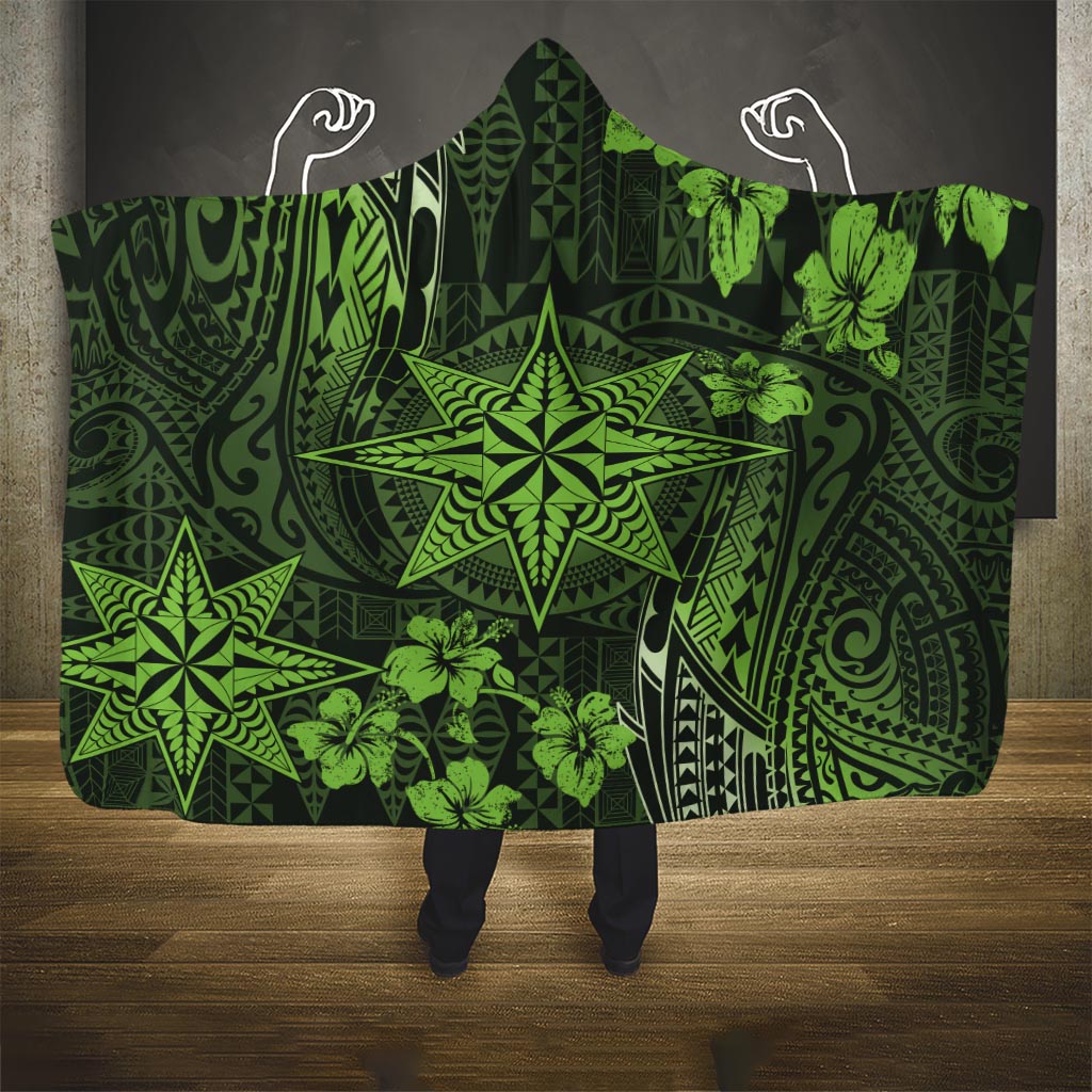 Vintage Tonga Tribal Ngatu Pattern Hooded Blanket With Pacific Floral Lime Green Art LT9 One Size Lime Green - Polynesian Pride