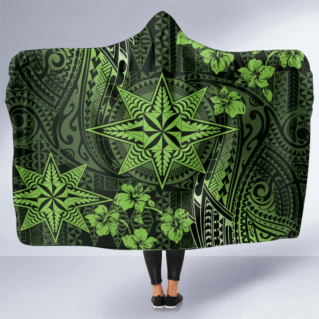 Vintage Tonga Tribal Ngatu Pattern Hooded Blanket With Pacific Floral Lime Green Art LT9 - Polynesian Pride