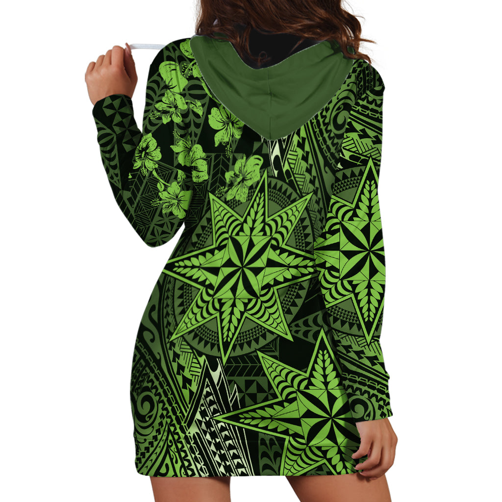 Vintage Tonga Tribal Ngatu Pattern Hoodie Dress With Pacific Floral Lime Green Art LT9 - Polynesian Pride