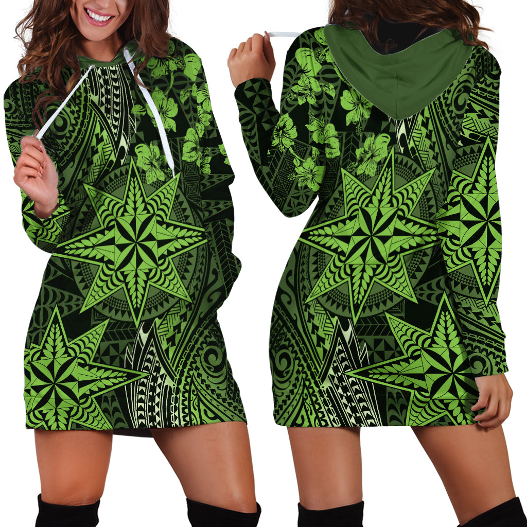 Vintage Tonga Tribal Ngatu Pattern Hoodie Dress With Pacific Floral Lime Green Art LT9 - Polynesian Pride