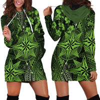 Vintage Tonga Tribal Ngatu Pattern Hoodie Dress With Pacific Floral Lime Green Art LT9 - Polynesian Pride