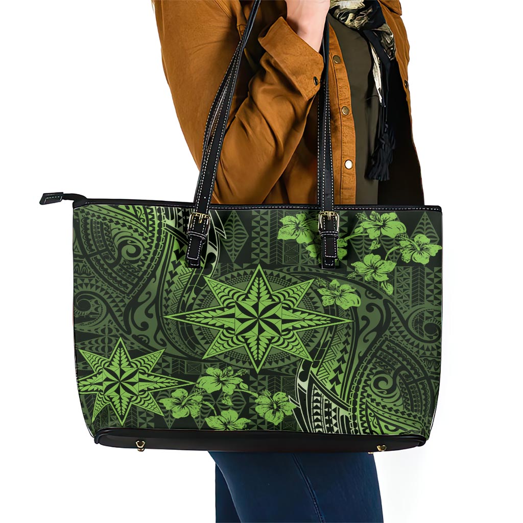 Vintage Tonga Tribal Ngatu Pattern Leather Tote Bag With Pacific Floral Lime Green Art LT9 - Polynesian Pride