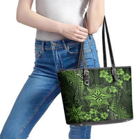 Vintage Tonga Tribal Ngatu Pattern Leather Tote Bag With Pacific Floral Lime Green Art LT9 - Polynesian Pride
