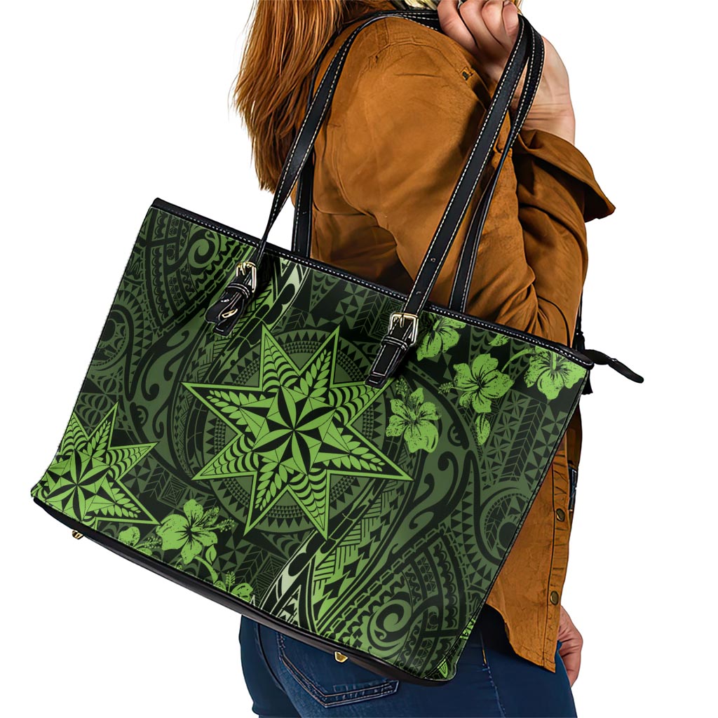 Vintage Tonga Tribal Ngatu Pattern Leather Tote Bag With Pacific Floral Lime Green Art LT9 - Polynesian Pride