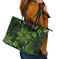 Vintage Tonga Tribal Ngatu Pattern Leather Tote Bag With Pacific Floral Lime Green Art LT9 - Polynesian Pride