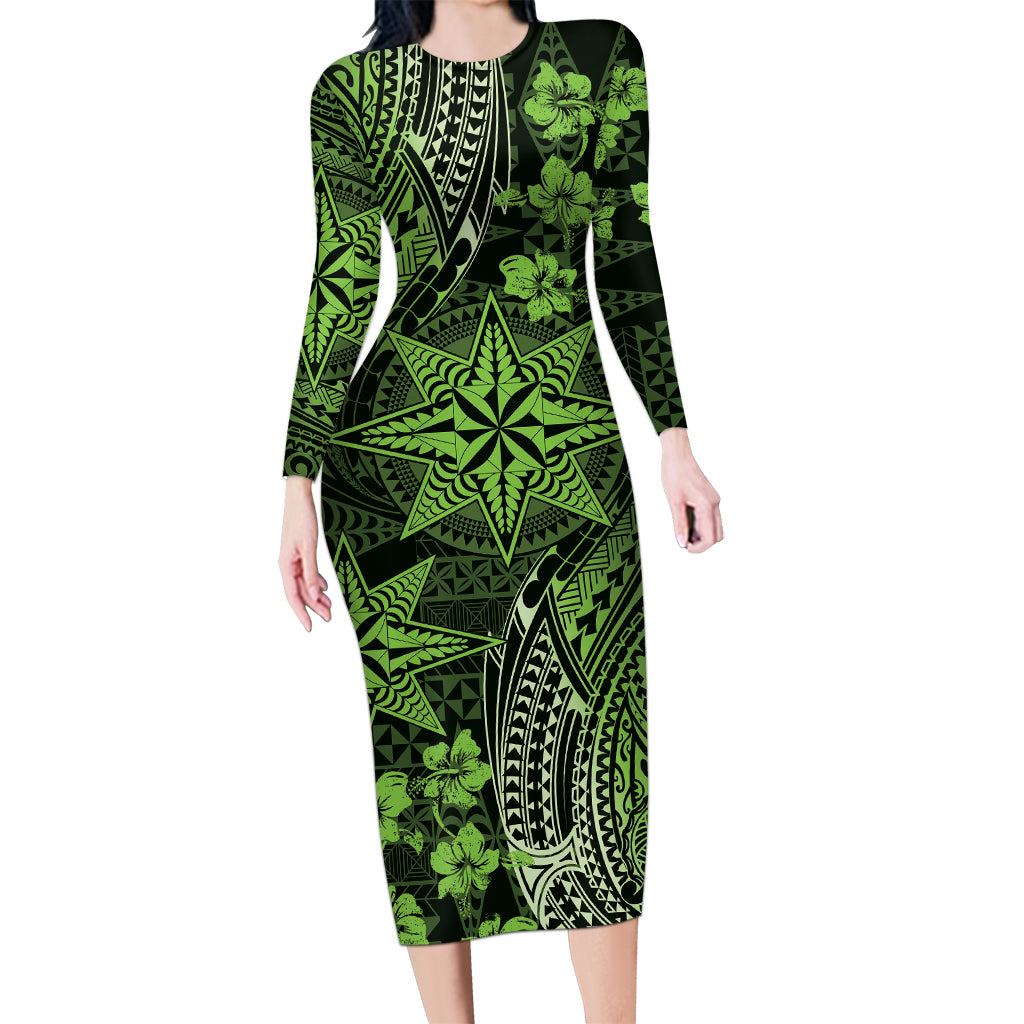 Vintage Tonga Tribal Ngatu Pattern Long Sleeve Bodycon Dress With Pacific Floral Lime Green Art