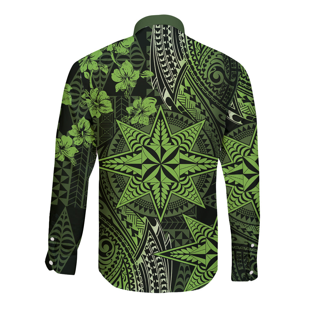 Vintage Tonga Tribal Ngatu Pattern Long Sleeve Button Shirt With Pacific Floral Lime Green Art LT9 - Polynesian Pride