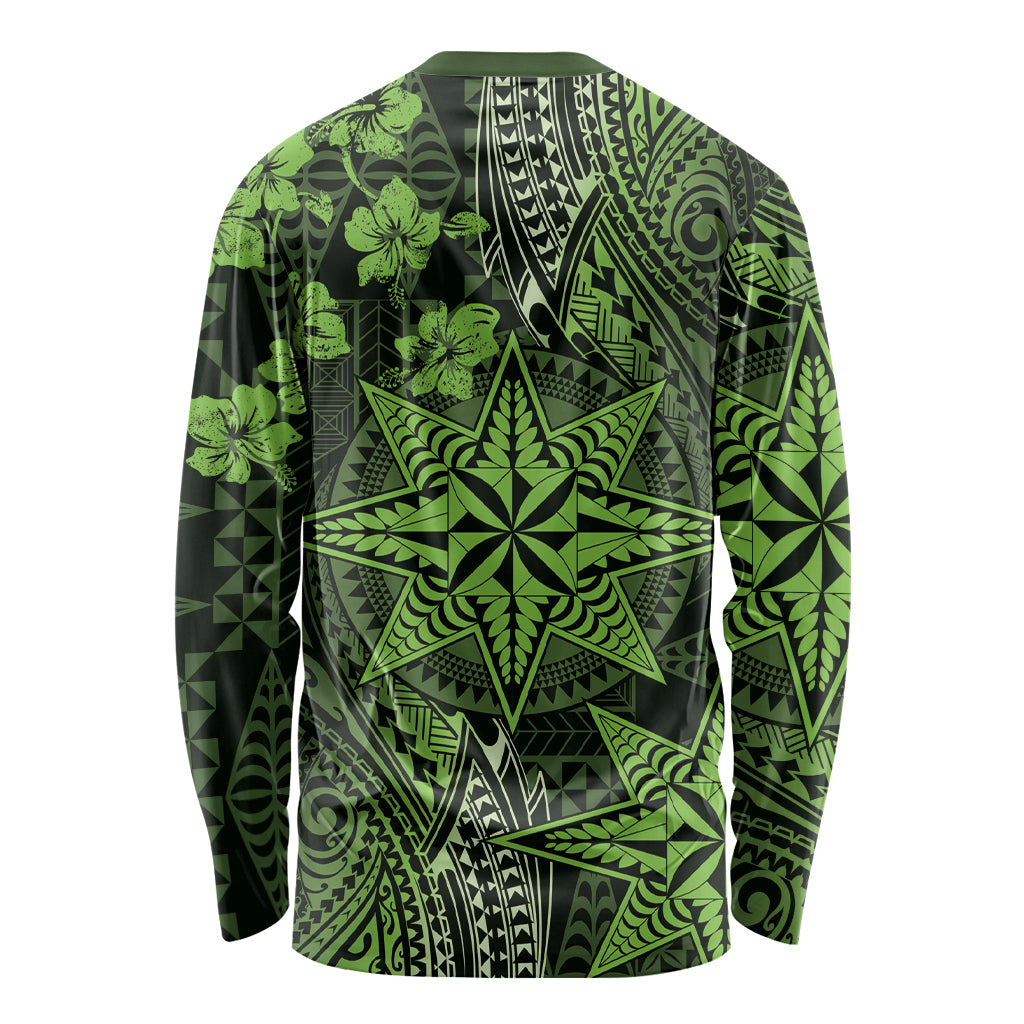 Vintage Tonga Tribal Ngatu Pattern Long Sleeve Shirt With Pacific Floral Lime Green Art