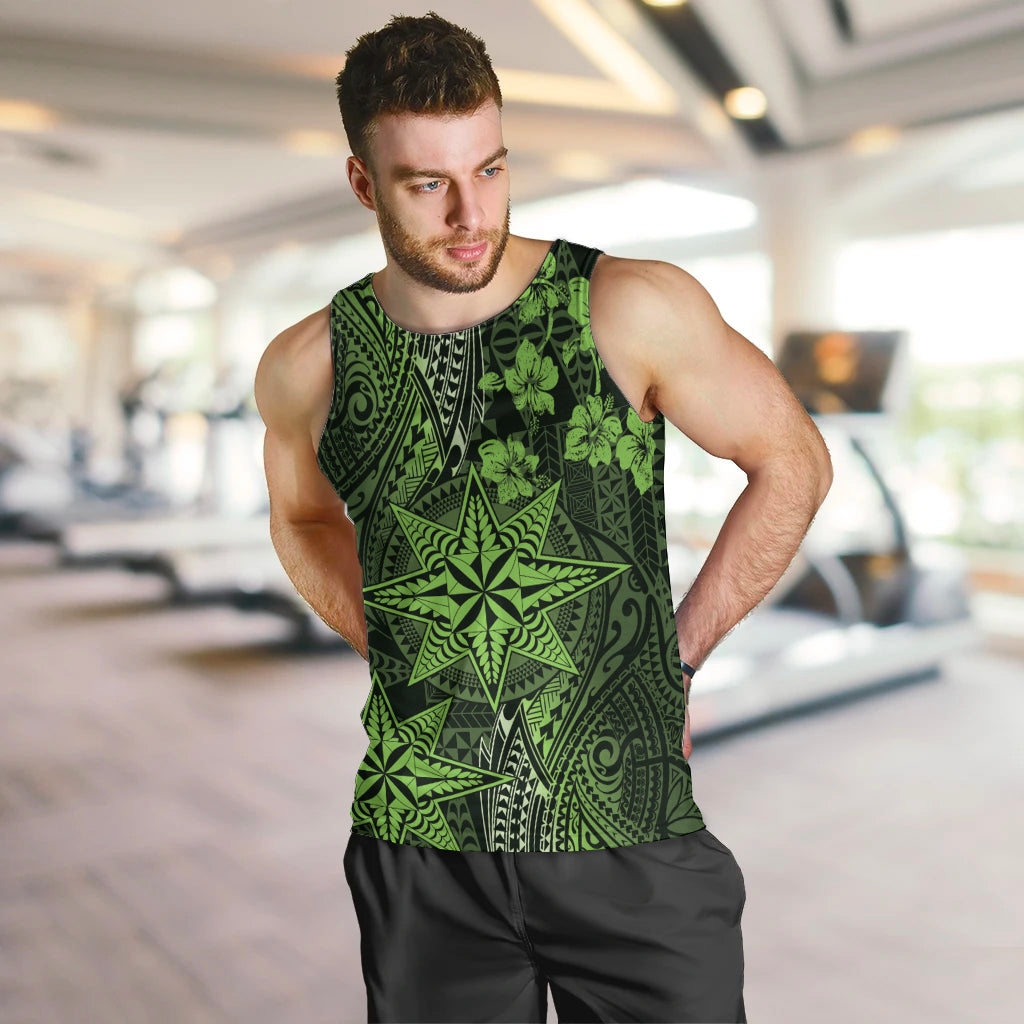 Vintage Tonga Tribal Ngatu Pattern Men Tank Top With Pacific Floral Lime Green Art LT9 Lime Green - Polynesian Pride