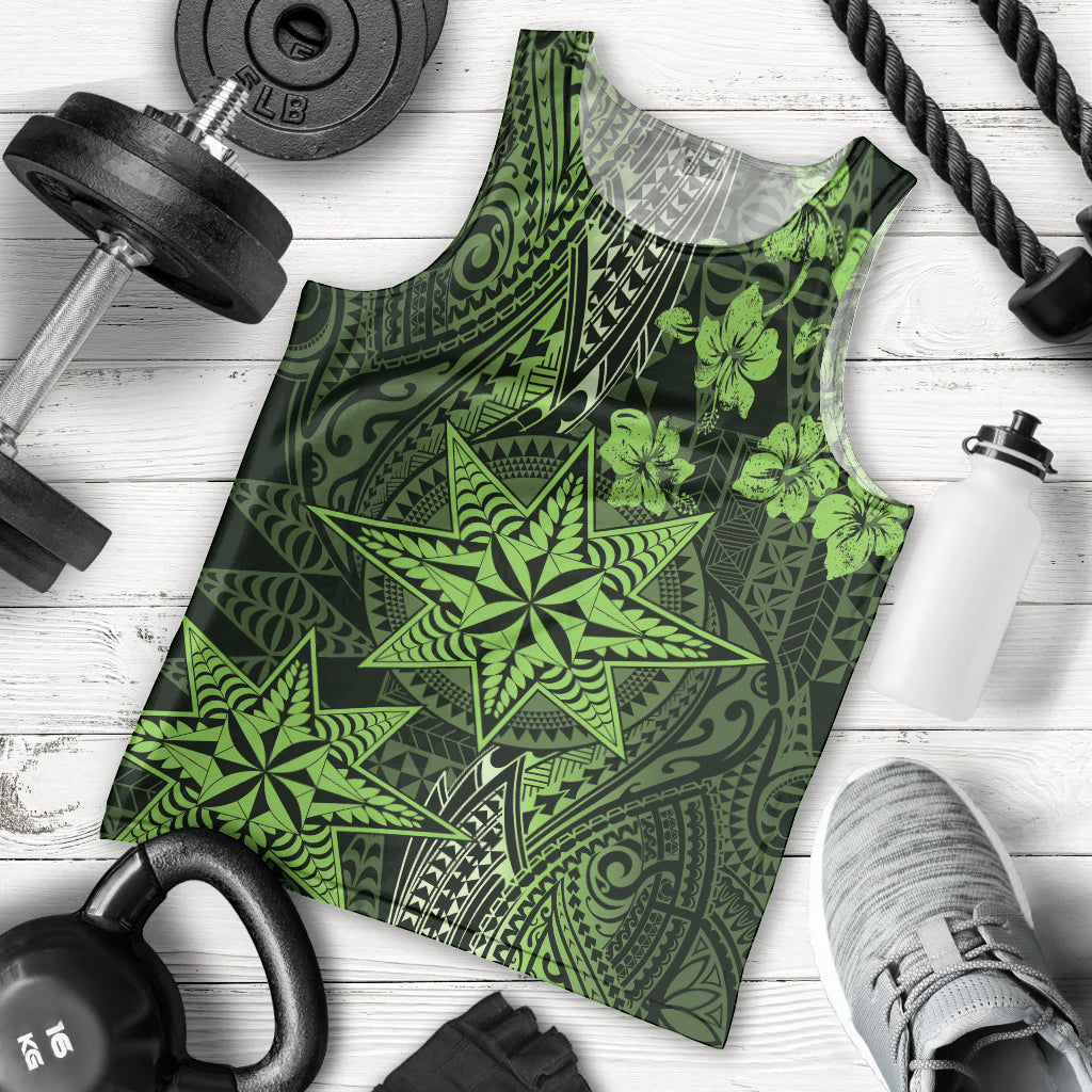 Vintage Tonga Tribal Ngatu Pattern Men Tank Top With Pacific Floral Lime Green Art LT9 - Polynesian Pride