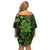 Vintage Tonga Tribal Ngatu Pattern Off Shoulder Short Dress With Pacific Floral Lime Green Art