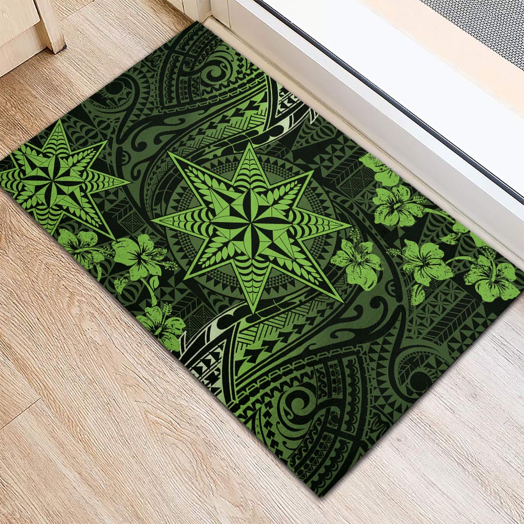 Vintage Tonga Tribal Ngatu Pattern Rubber Doormat With Pacific Floral Lime Green Art LT9 - Polynesian Pride