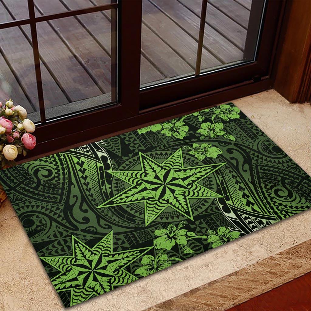 Vintage Tonga Tribal Ngatu Pattern Rubber Doormat With Pacific Floral Lime Green Art LT9 - Polynesian Pride