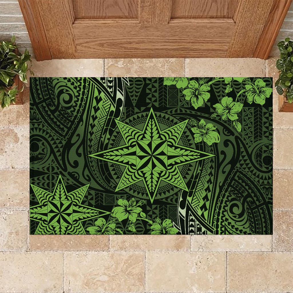 Vintage Tonga Tribal Ngatu Pattern Rubber Doormat With Pacific Floral Lime Green Art LT9 - Polynesian Pride