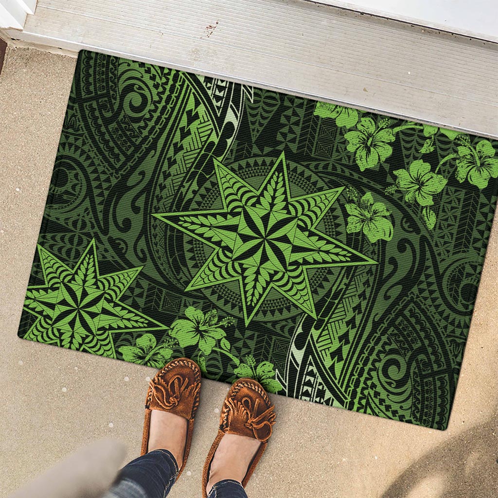Vintage Tonga Tribal Ngatu Pattern Rubber Doormat With Pacific Floral Lime Green Art LT9 - Polynesian Pride