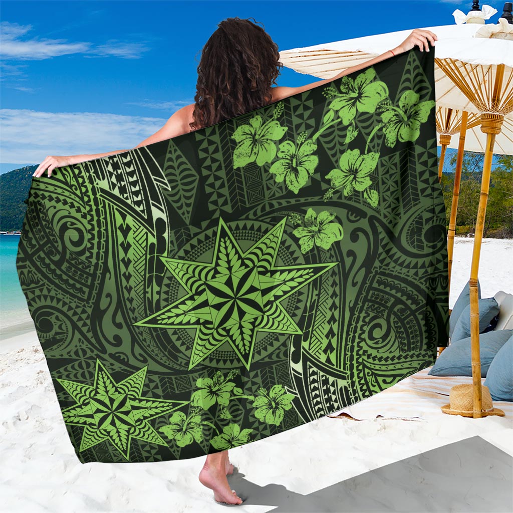 Vintage Tonga Tribal Ngatu Pattern Sarong With Pacific Floral Lime Green Art