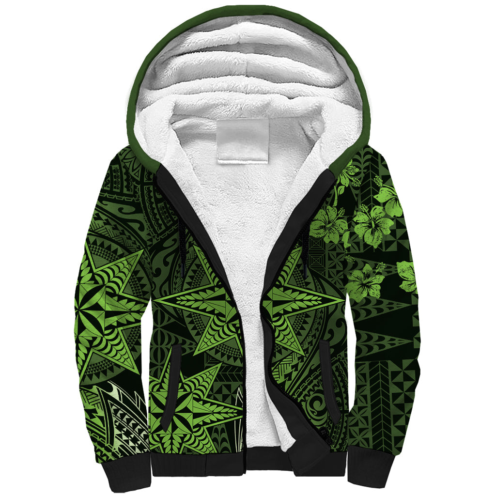 Vintage Tonga Tribal Ngatu Pattern Sherpa Hoodie With Pacific Floral Lime Green Art LT9 Unisex Lime Green - Polynesian Pride