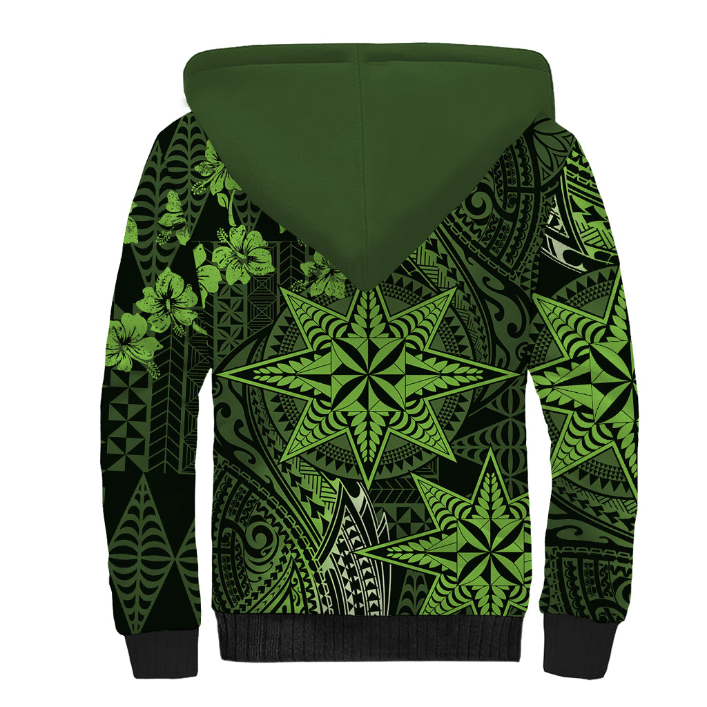 Vintage Tonga Tribal Ngatu Pattern Sherpa Hoodie With Pacific Floral Lime Green Art LT9 - Polynesian Pride