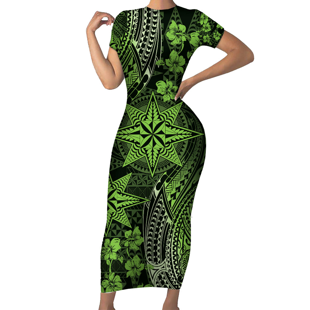 Vintage Tonga Tribal Ngatu Pattern Short Sleeve Bodycon Dress With Pacific Floral Lime Green Art