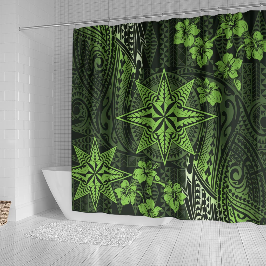 Vintage Tonga Tribal Ngatu Pattern Shower Curtain With Pacific Floral Lime Green Art