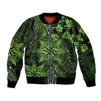Vintage Tonga Tribal Ngatu Pattern Sleeve Zip Bomber Jacket With Pacific Floral Lime Green Art LT9 Unisex Lime Green - Polynesian Pride