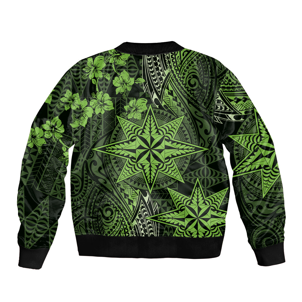 Vintage Tonga Tribal Ngatu Pattern Sleeve Zip Bomber Jacket With Pacific Floral Lime Green Art LT9 - Polynesian Pride