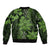 Vintage Tonga Tribal Ngatu Pattern Sleeve Zip Bomber Jacket With Pacific Floral Lime Green Art