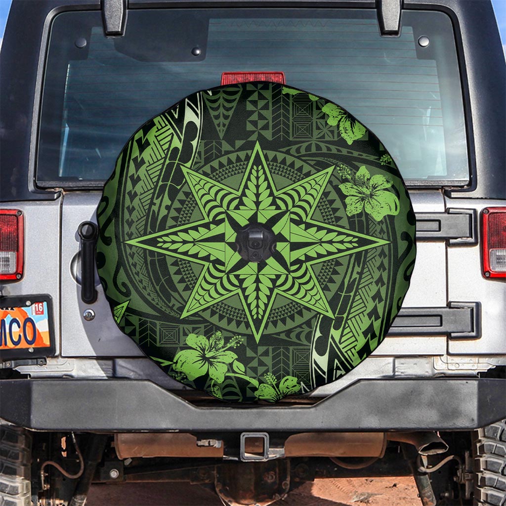 Vintage Tonga Tribal Ngatu Pattern Spare Tire Cover With Pacific Floral Lime Green Art