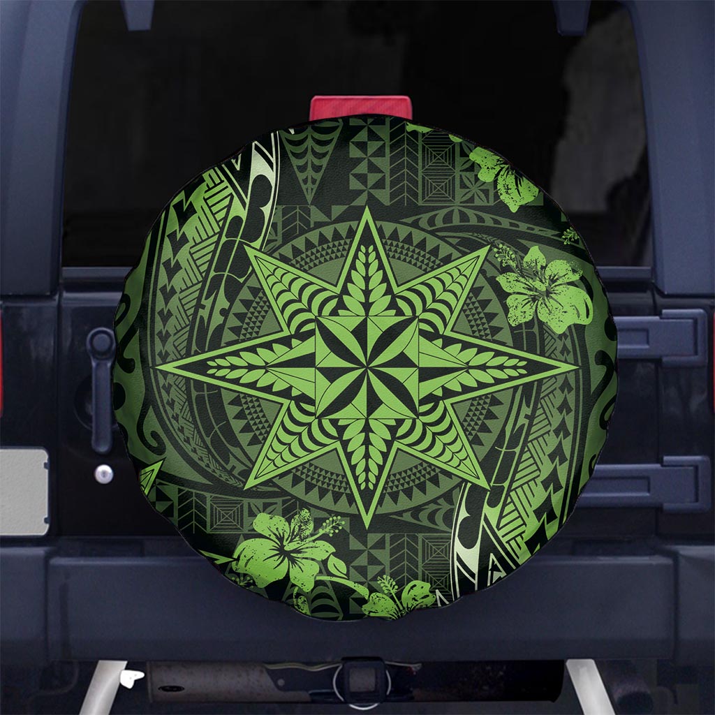 Vintage Tonga Tribal Ngatu Pattern Spare Tire Cover With Pacific Floral Lime Green Art LT9 - Polynesian Pride