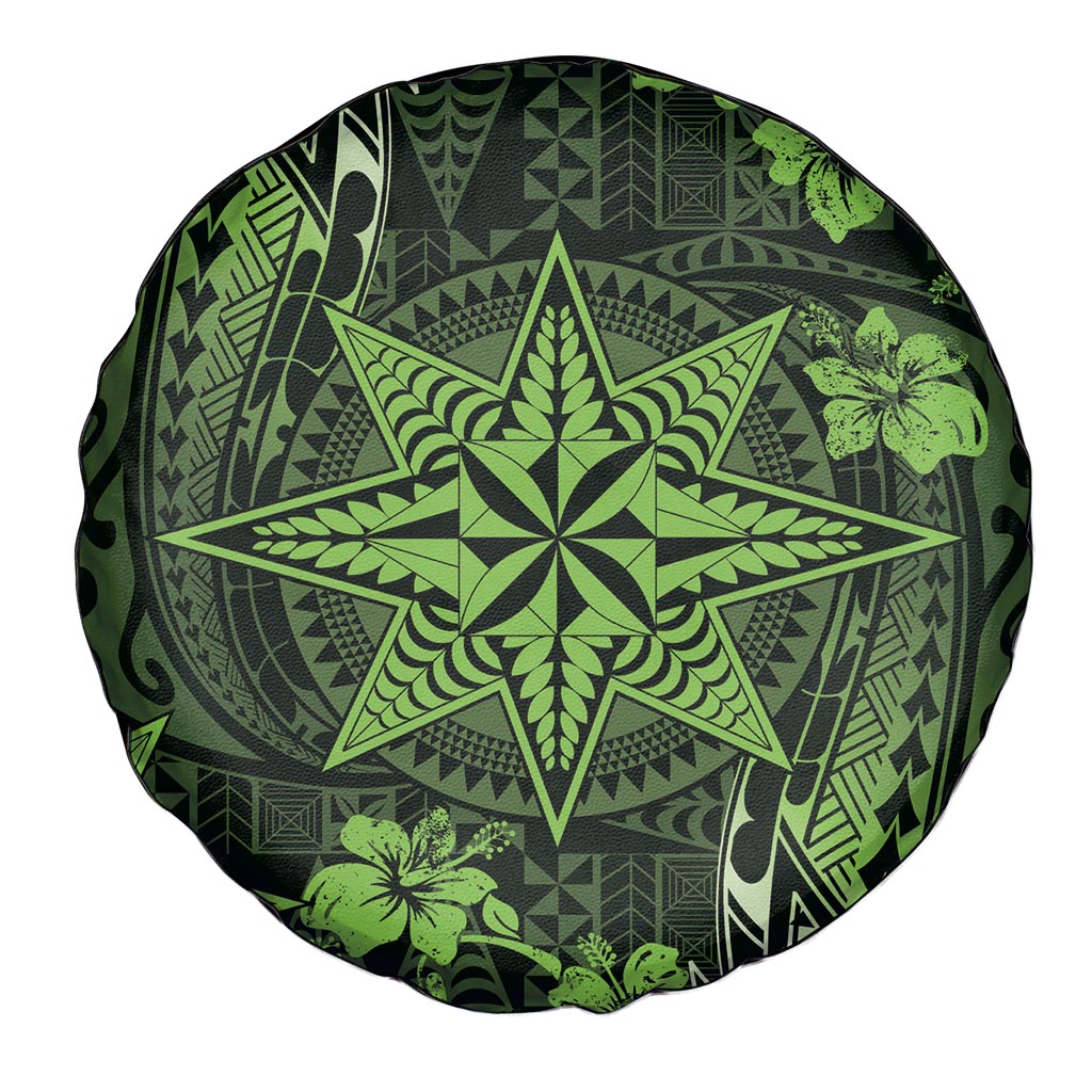 Vintage Tonga Tribal Ngatu Pattern Spare Tire Cover With Pacific Floral Lime Green Art LT9 - Polynesian Pride