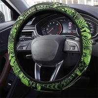 Vintage Tonga Tribal Ngatu Pattern Steering Wheel Cover With Pacific Floral Lime Green Art LT9 - Polynesian Pride