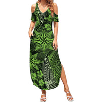 Vintage Tonga Tribal Ngatu Pattern Summer Maxi Dress With Pacific Floral Lime Green Art LT9 Women Lime Green - Polynesian Pride