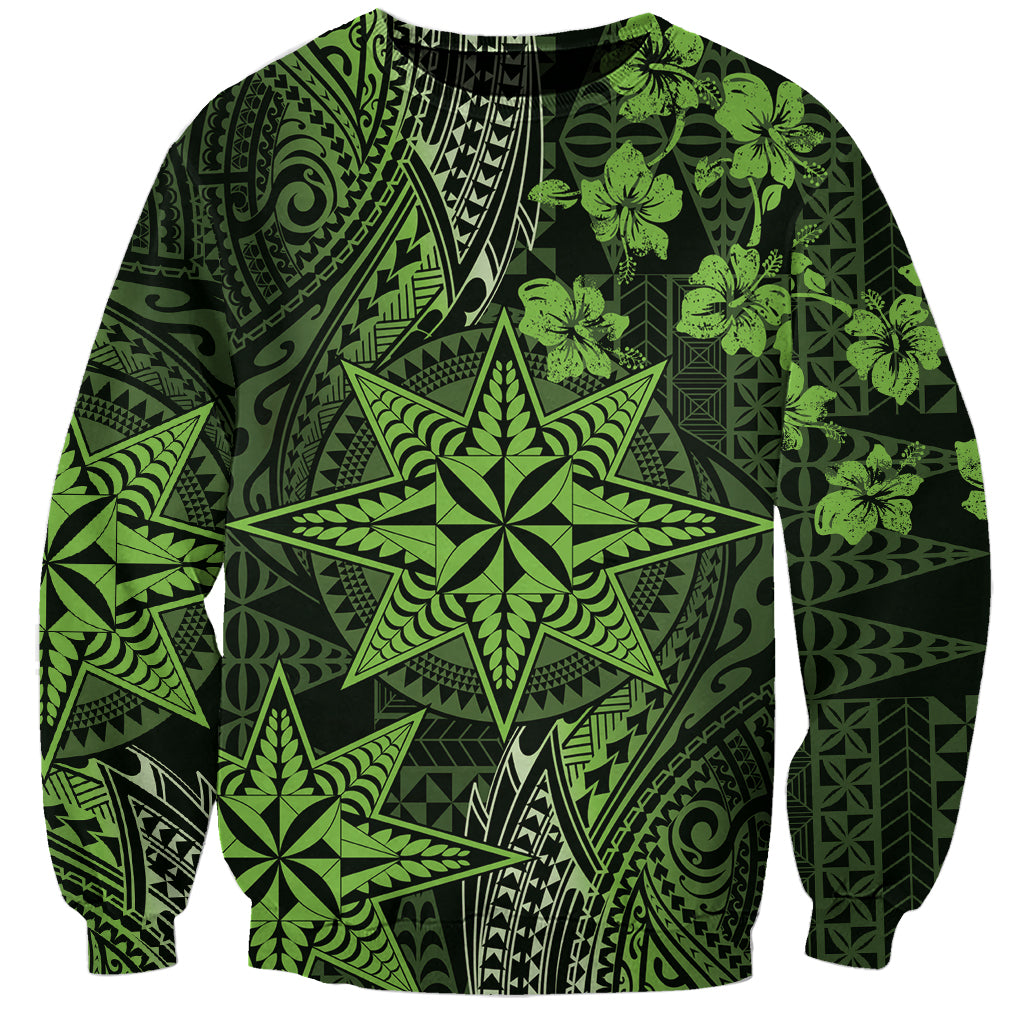 Vintage Tonga Tribal Ngatu Pattern Sweatshirt With Pacific Floral Lime Green Art