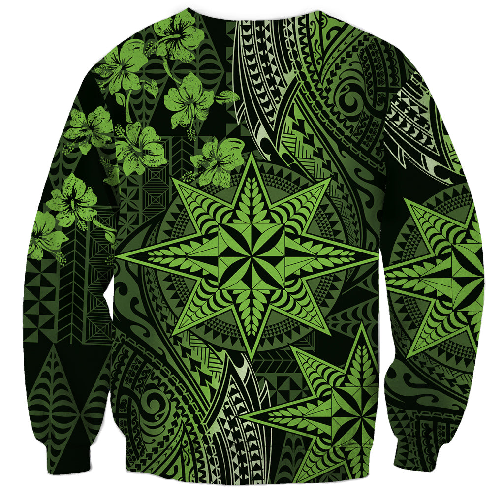 Vintage Tonga Tribal Ngatu Pattern Sweatshirt With Pacific Floral Lime Green Art LT9 - Polynesian Pride