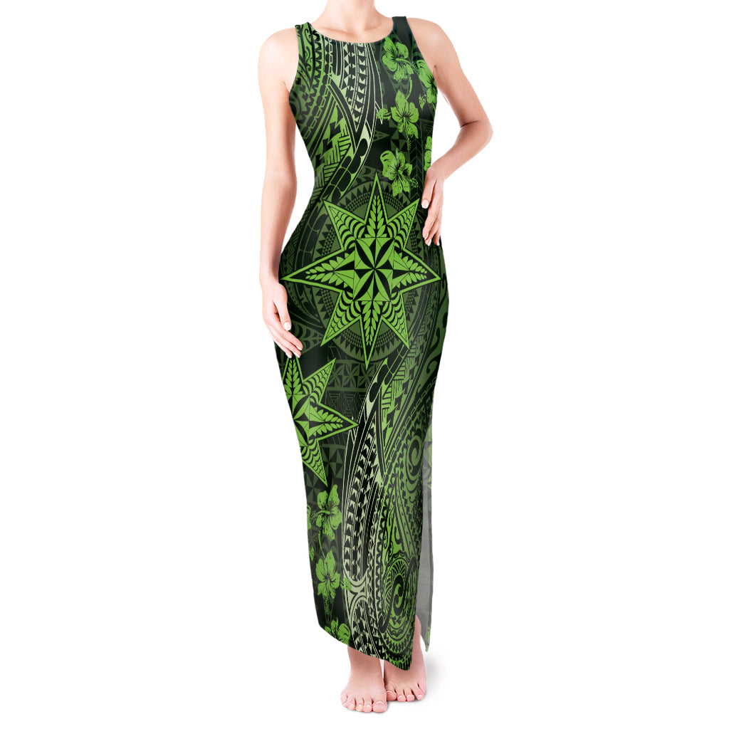 Vintage Tonga Tribal Ngatu Pattern Tank Maxi Dress With Pacific Floral Lime Green Art