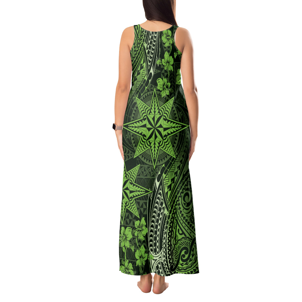 Vintage Tonga Tribal Ngatu Pattern Tank Maxi Dress With Pacific Floral Lime Green Art LT9 - Polynesian Pride