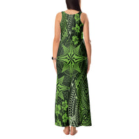 Vintage Tonga Tribal Ngatu Pattern Tank Maxi Dress With Pacific Floral Lime Green Art LT9 - Polynesian Pride