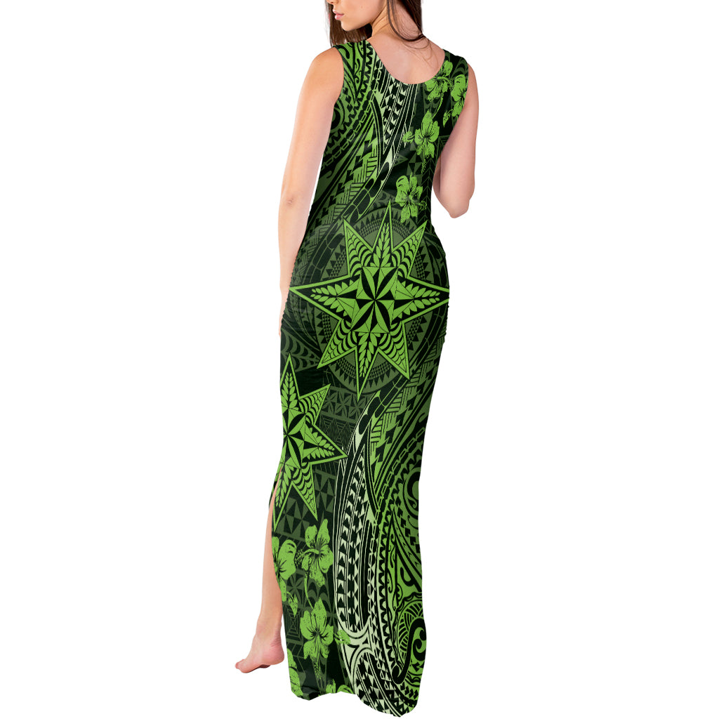 Vintage Tonga Tribal Ngatu Pattern Tank Maxi Dress With Pacific Floral Lime Green Art LT9 - Polynesian Pride