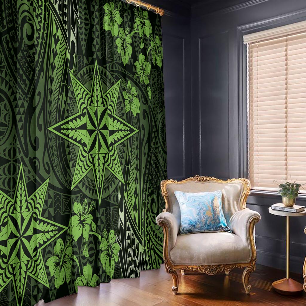 Vintage Tonga Tribal Ngatu Pattern Window Curtain With Pacific Floral Lime Green Art LT9 - Polynesian Pride