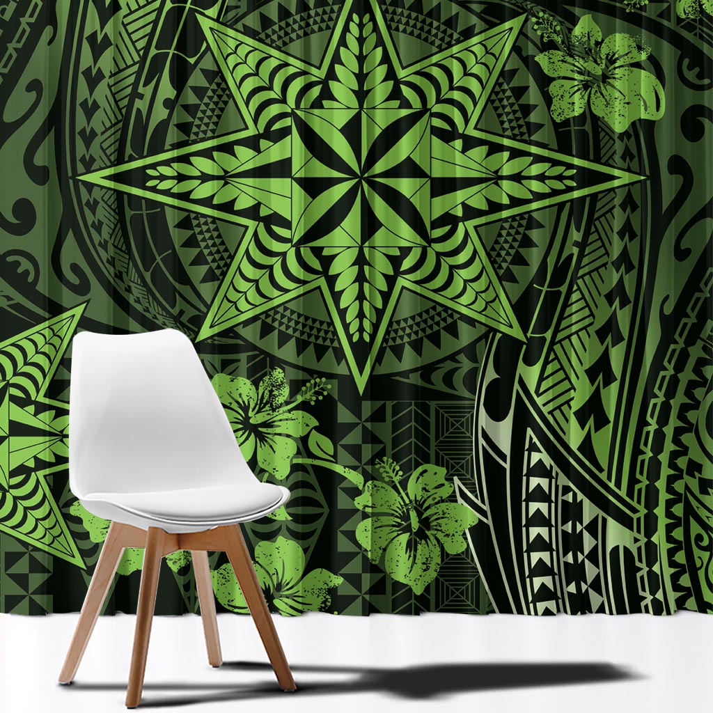 Vintage Tonga Tribal Ngatu Pattern Window Curtain With Pacific Floral Lime Green Art LT9 - Polynesian Pride