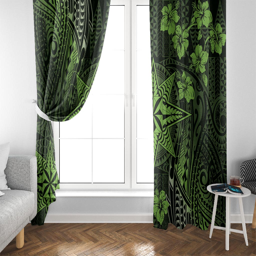 Vintage Tonga Tribal Ngatu Pattern Window Curtain With Pacific Floral Lime Green Art LT9 - Polynesian Pride