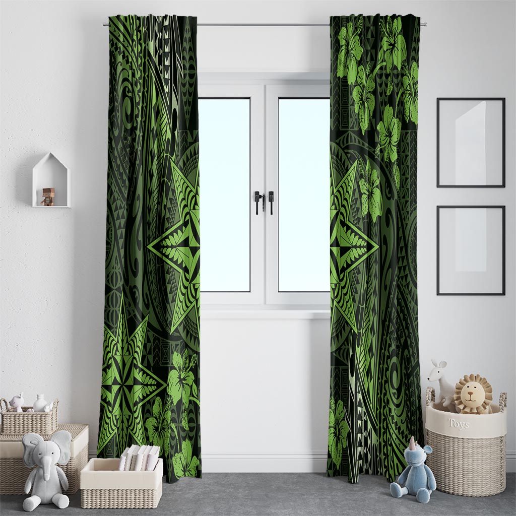 Vintage Tonga Tribal Ngatu Pattern Window Curtain With Pacific Floral Lime Green Art LT9 - Polynesian Pride