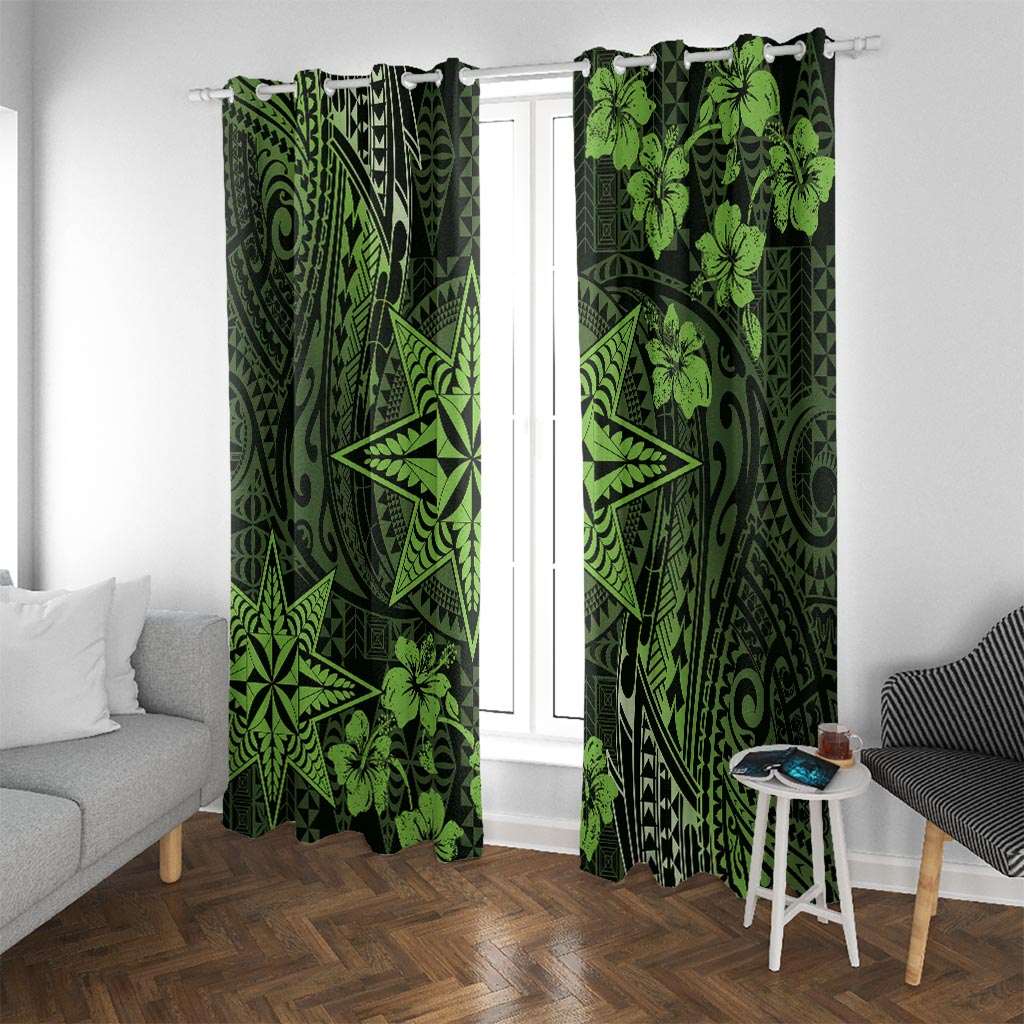 Vintage Tonga Tribal Ngatu Pattern Window Curtain With Pacific Floral Lime Green Art LT9 With Grommets Lime Green - Polynesian Pride