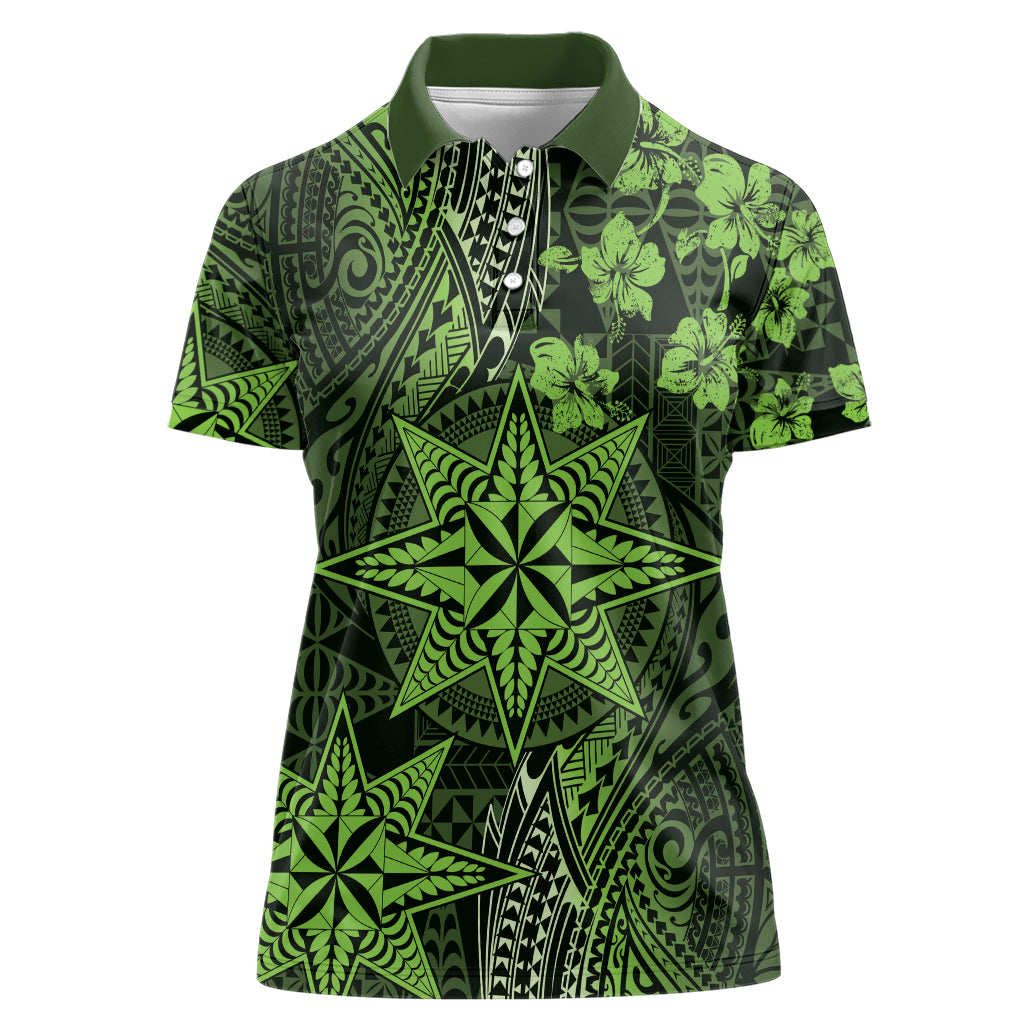 Vintage Tonga Tribal Ngatu Pattern Women Polo Shirt With Pacific Floral Lime Green Art