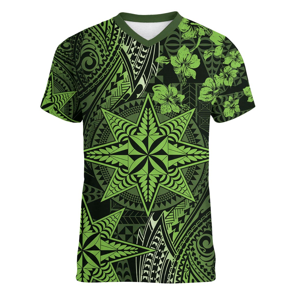 Vintage Tonga Tribal Ngatu Pattern Women V-Neck T-Shirt With Pacific Floral Lime Green Art