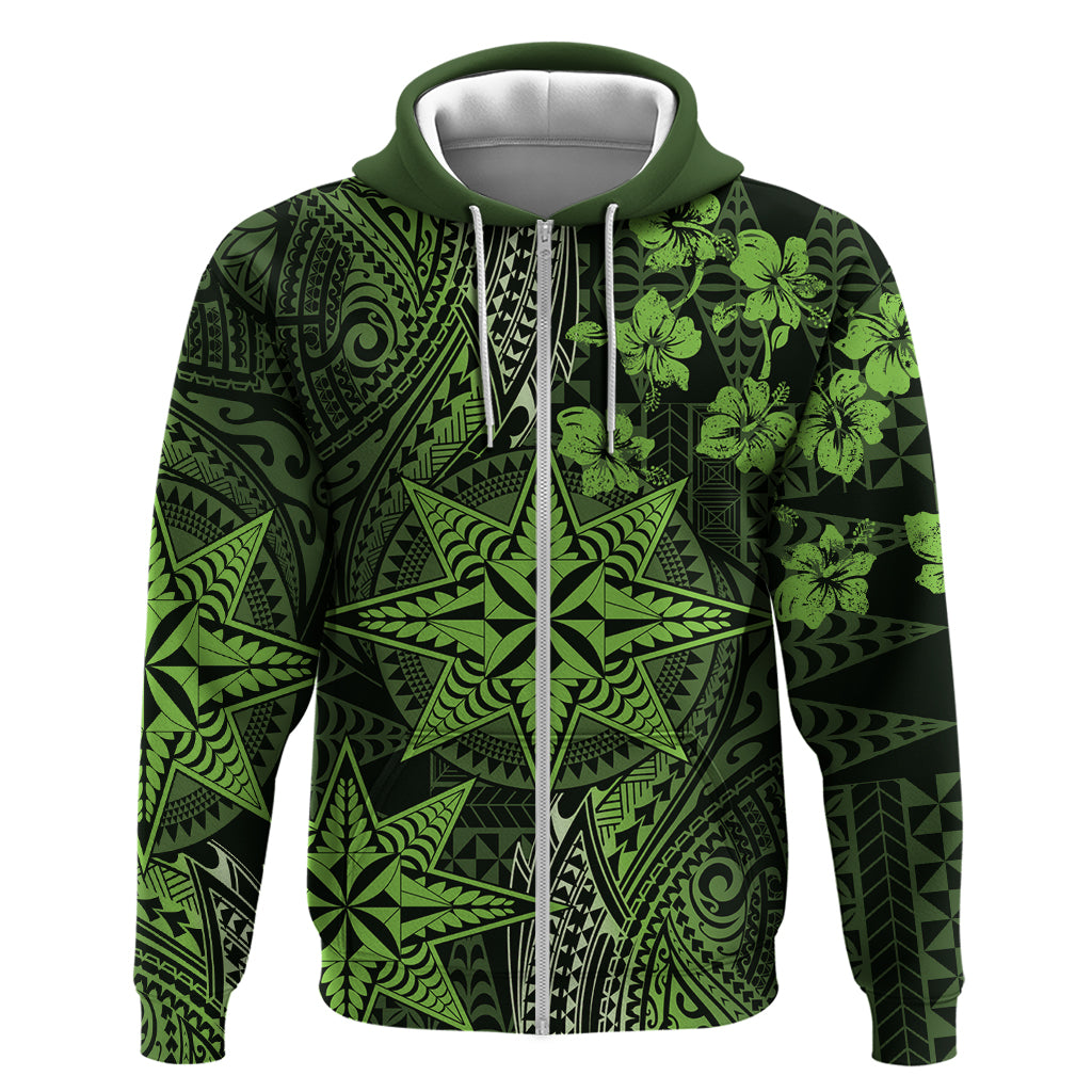 Vintage Tonga Tribal Ngatu Pattern Zip Hoodie With Pacific Floral Lime Green Art