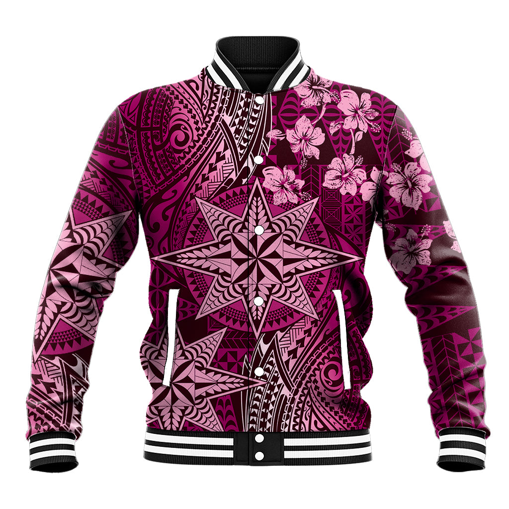 Vintage Tonga Tribal Ngatu Pattern Baseball Jacket With Pacific Floral Pink Art LT9 Unisex Pink - Polynesian Pride